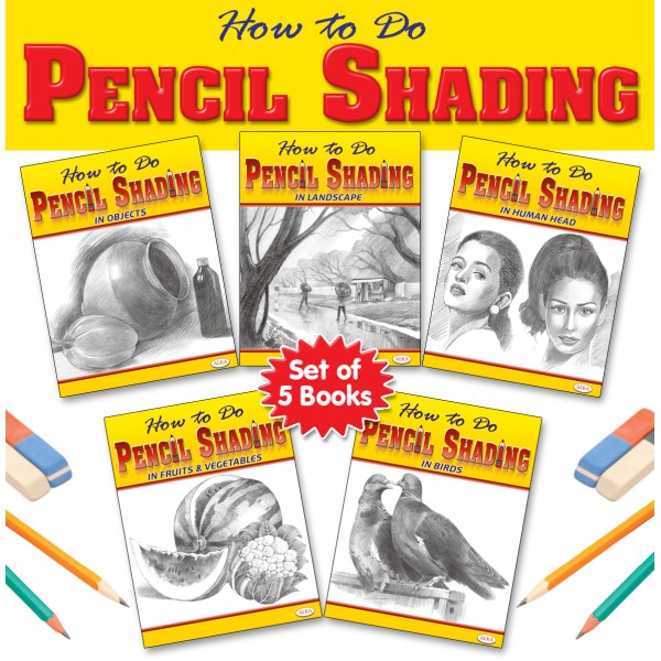 How To Do Pencil Shading - Set Of 5 Books - Objects, Birds, Landscape, Human Head, Fruits & Vegetables